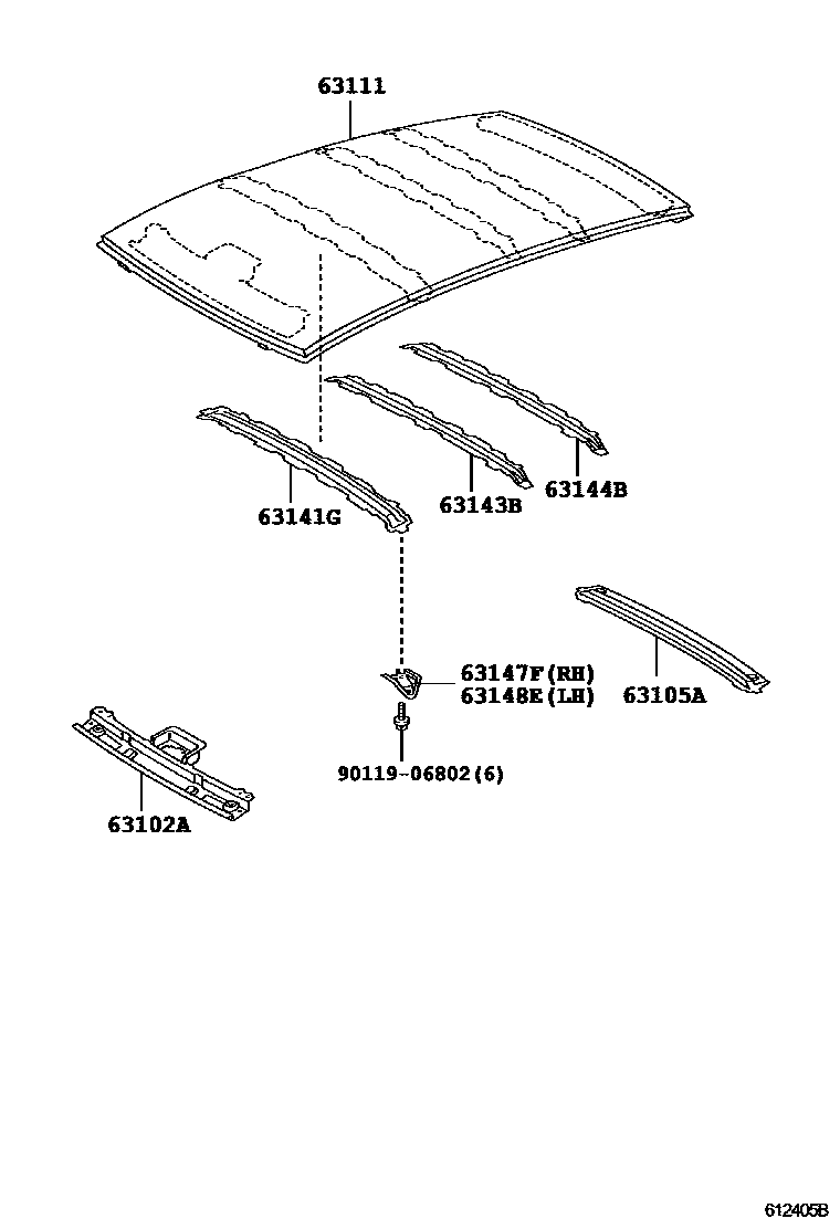 Toyota YARIS 天窗板和背窗玻璃 EPC diagram — 612405B
