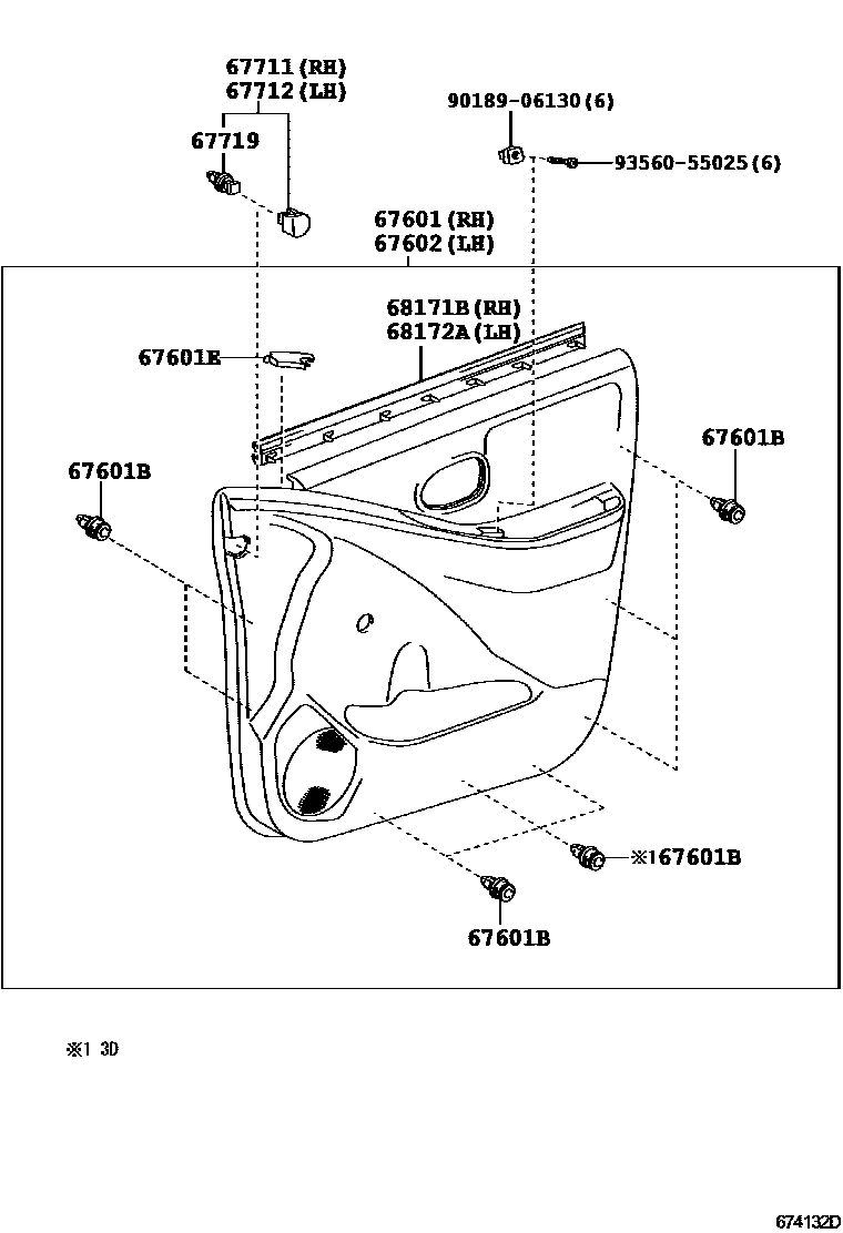 Toyota YARIS 前门板和前门玻璃 EPC diagram — 674132D