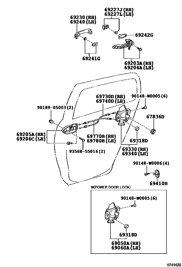 Toyota YARIS 后门锁和后门把手 EPC diagram — 674142B