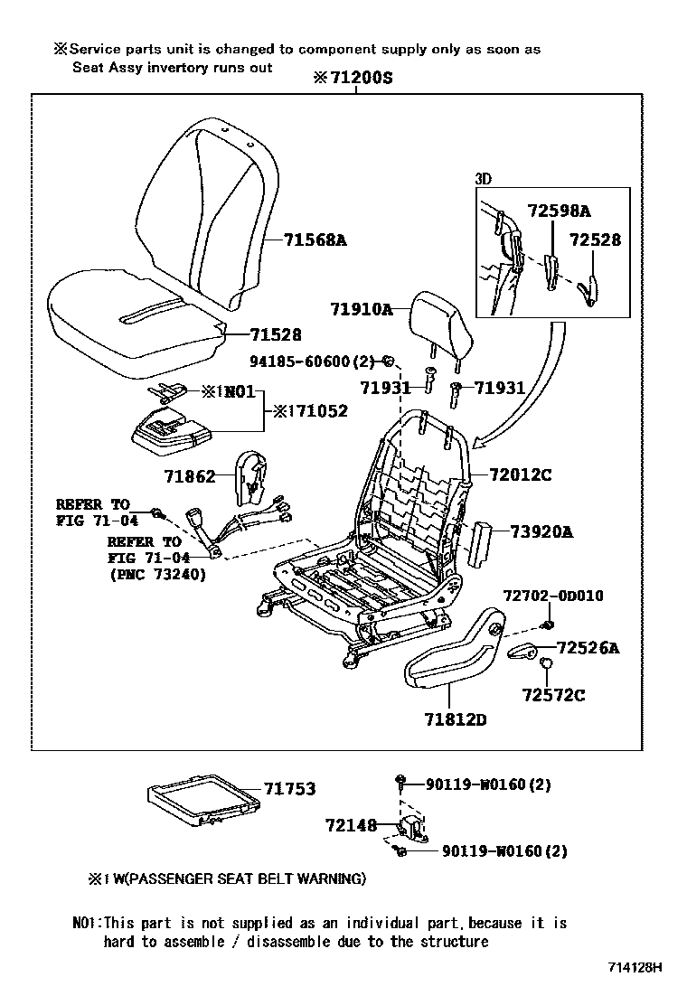 Toyota YARIS 前排座椅和座椅滑轨 EPC diagram — 714128H