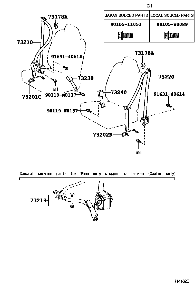Toyota YARIS 安全带和儿童保护座椅 EPC diagram — 714162E