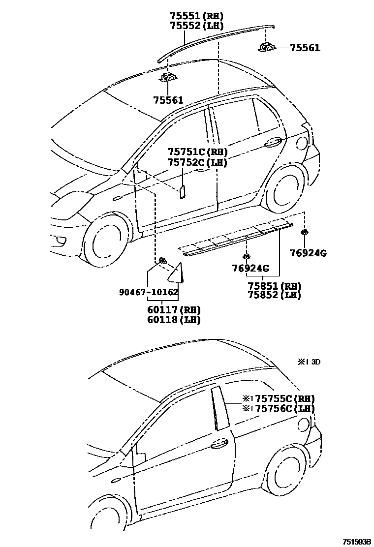 Toyota YARIS 侧防护条 EPC diagram — 751593B