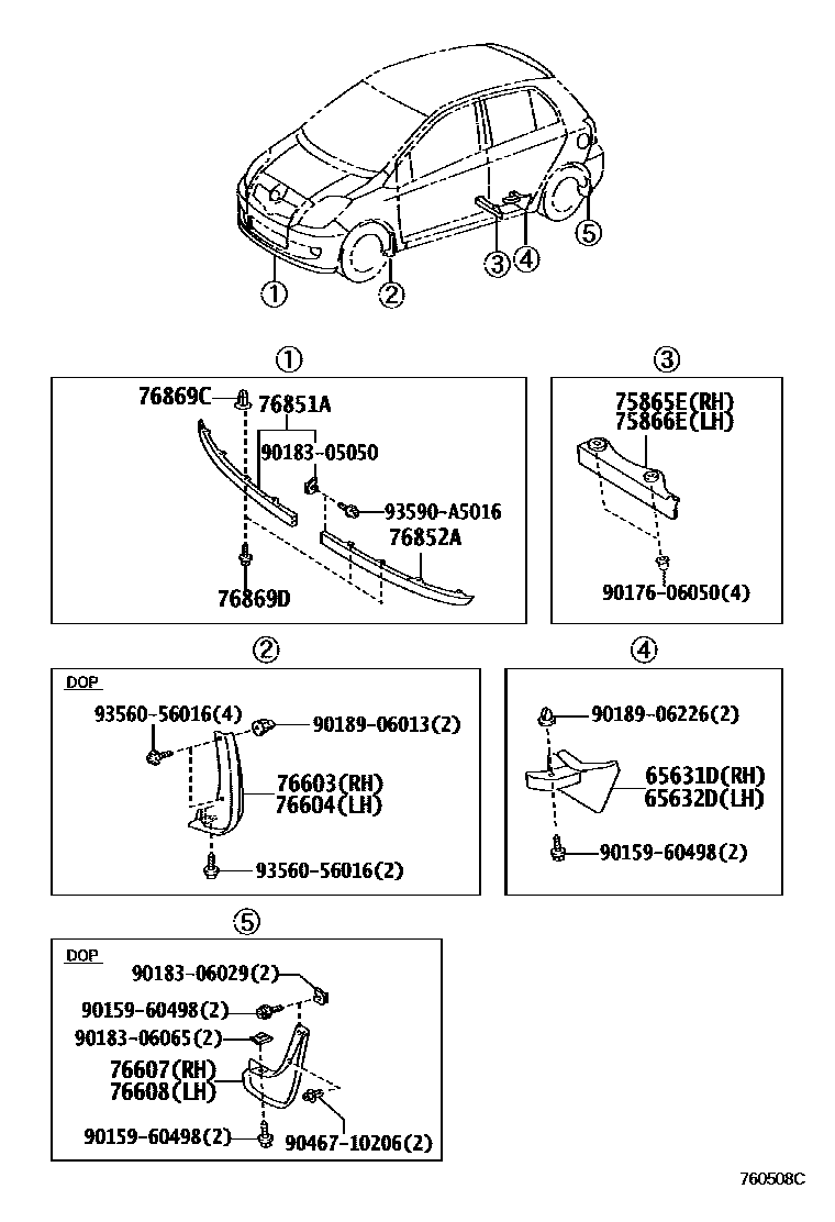 Toyota YARIS 挡泥板和扰流板 EPC diagram — 760508C