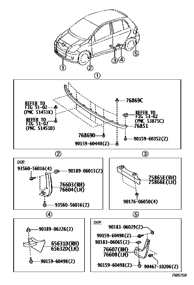 Toyota YARIS 挡泥板和扰流板 EPC diagram — 760675B