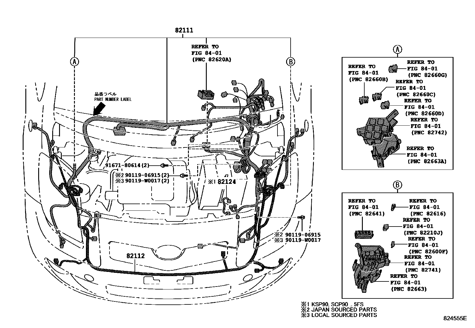 Toyota YARIS 线束和卡夹 EPC diagram — 824555E