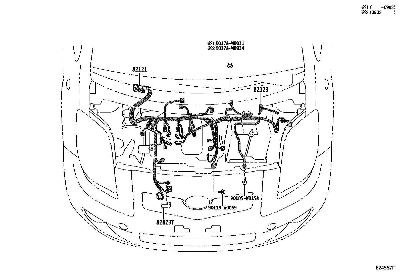 Toyota YARIS 线束和卡夹 EPC diagram — 824557F