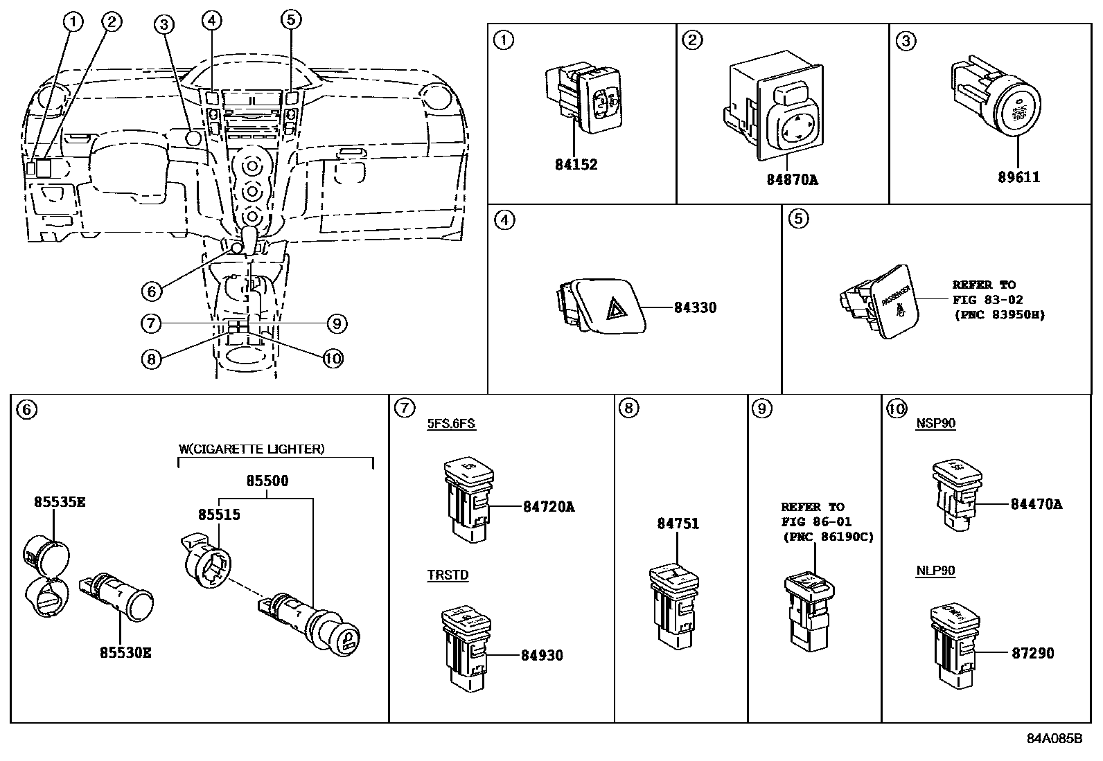 Toyota YARIS 开关和继电器和ECU EPC diagram — 84A085B