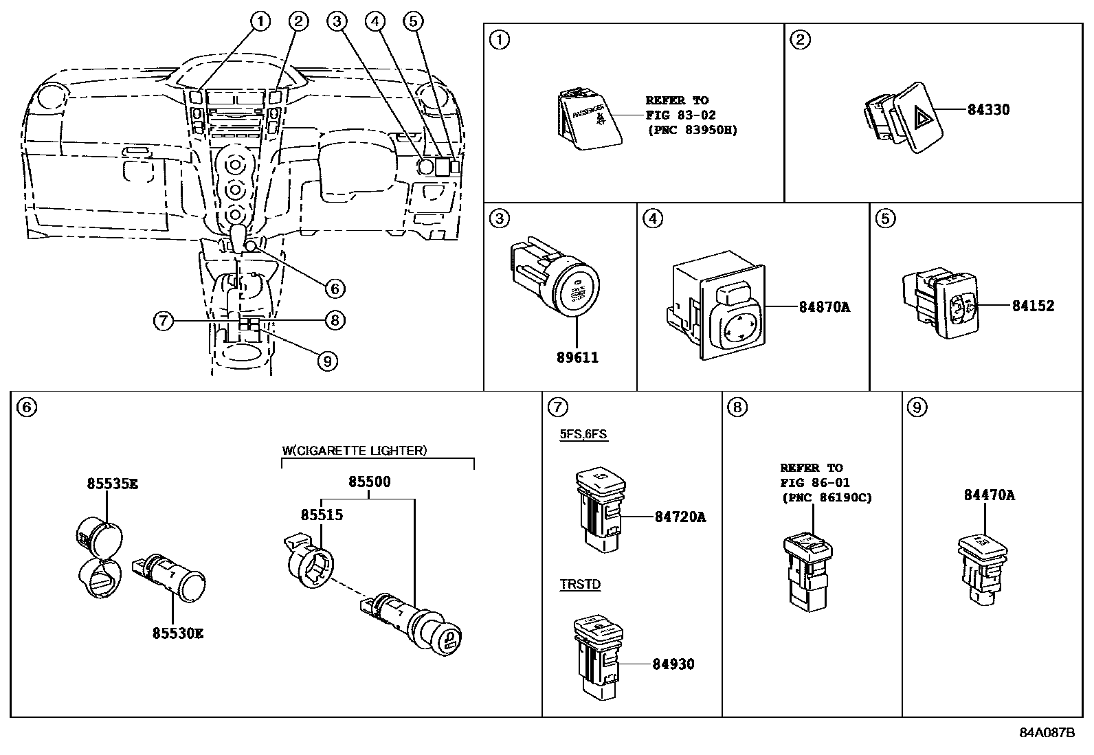 Toyota YARIS 开关和继电器和ECU EPC diagram — 84A087B