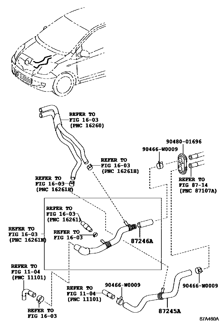 Toyota YARIS 暖风和空调系统 - 水管 EPC diagram — 87A460A