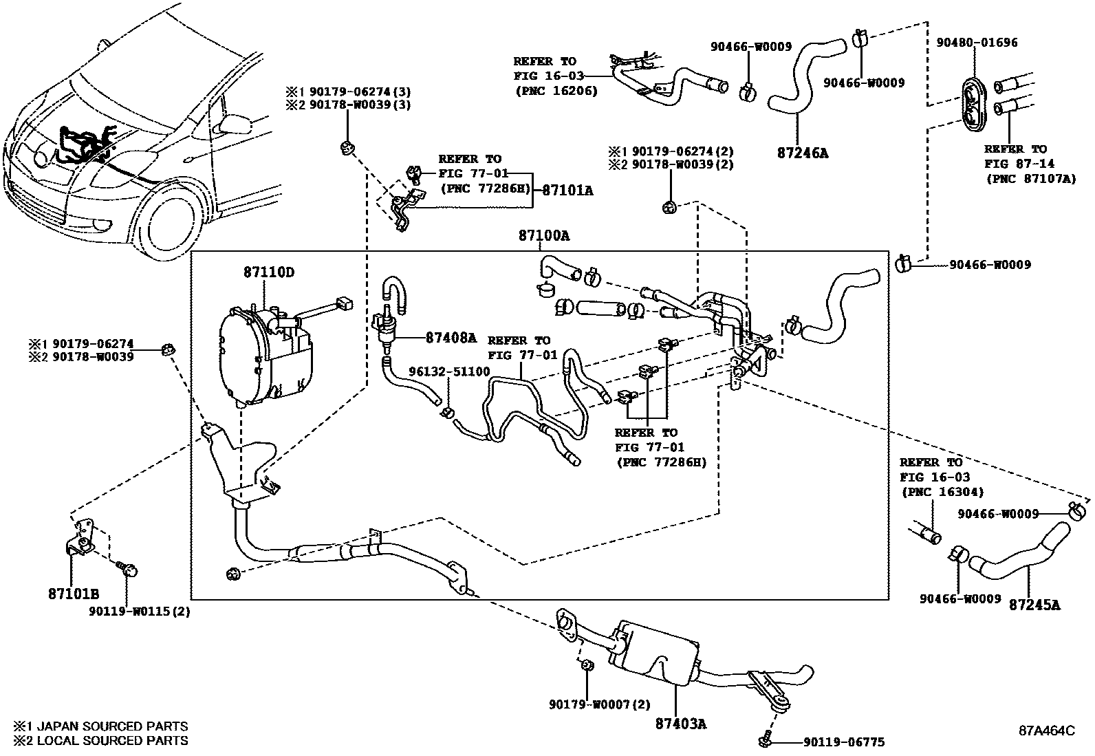 Toyota YARIS 暖风和空调系统 - 水管 EPC diagram — 87A464C