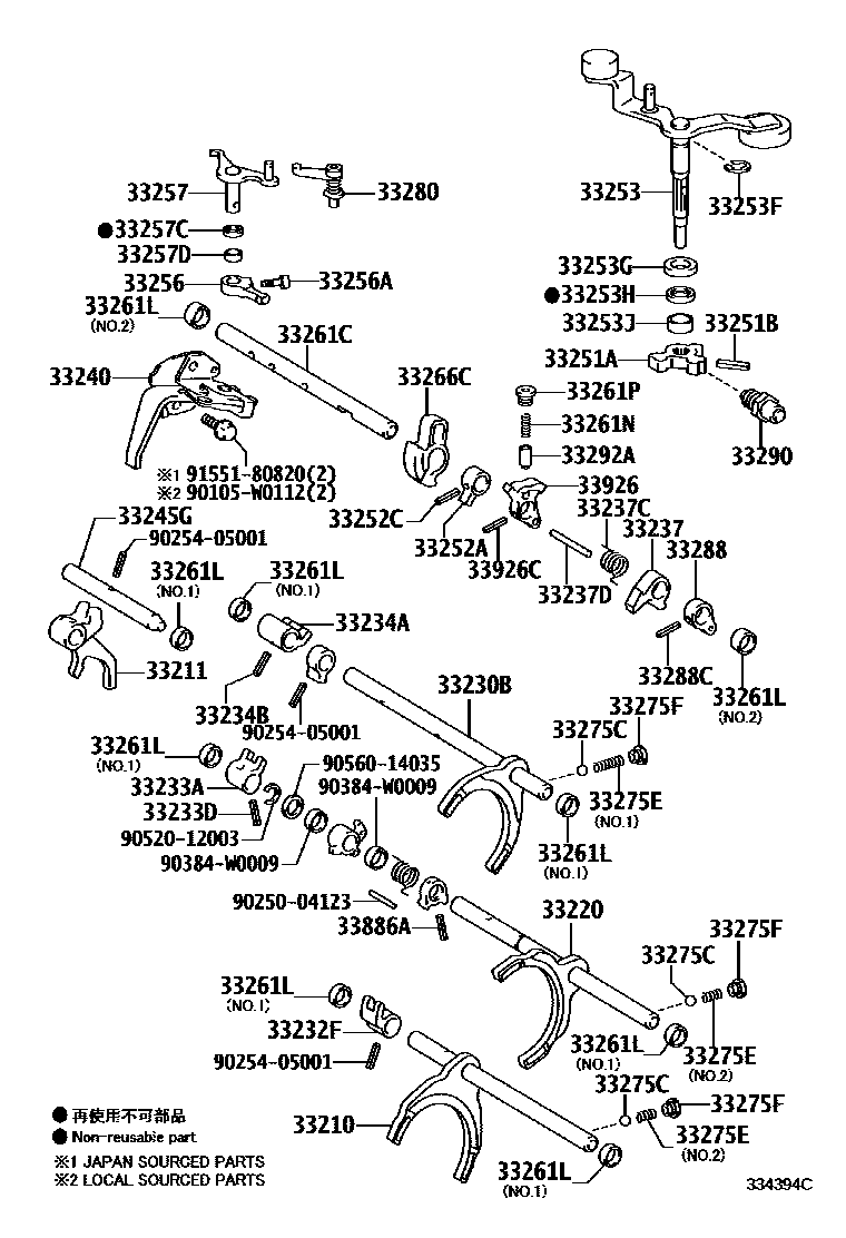Toyota YARIS 换档拨叉和换档杆轴(MTM) EPC diagram — 334394C