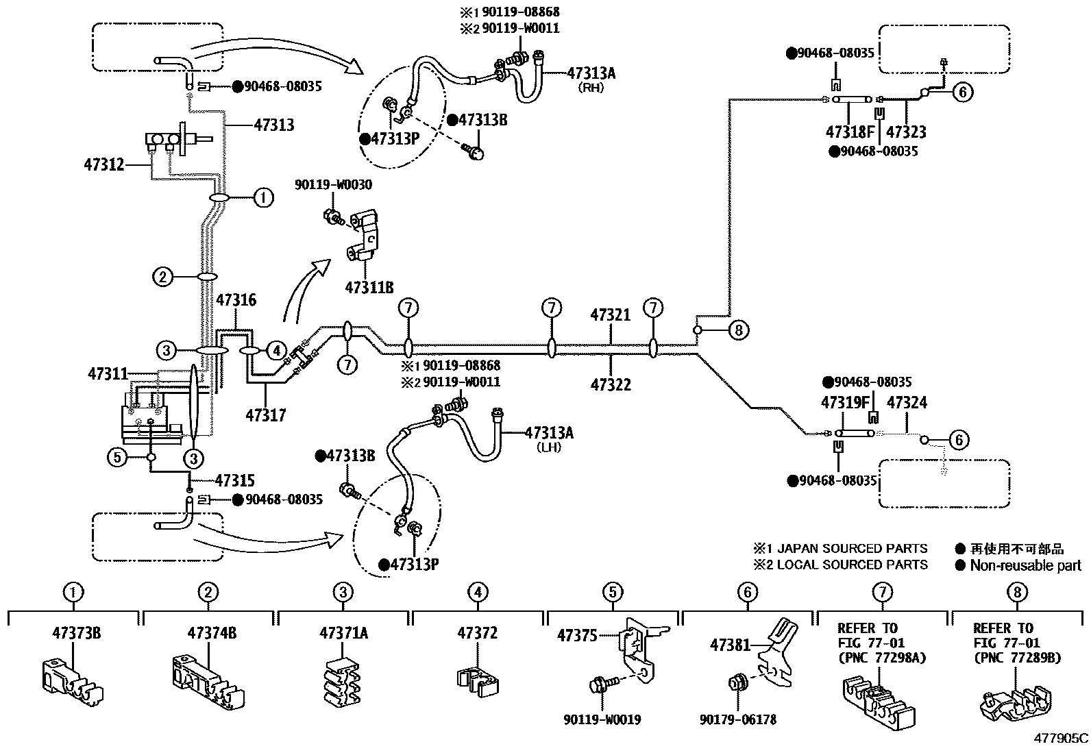 Toyota YARIS 制动配管和卡箍 EPC diagram — 477905C