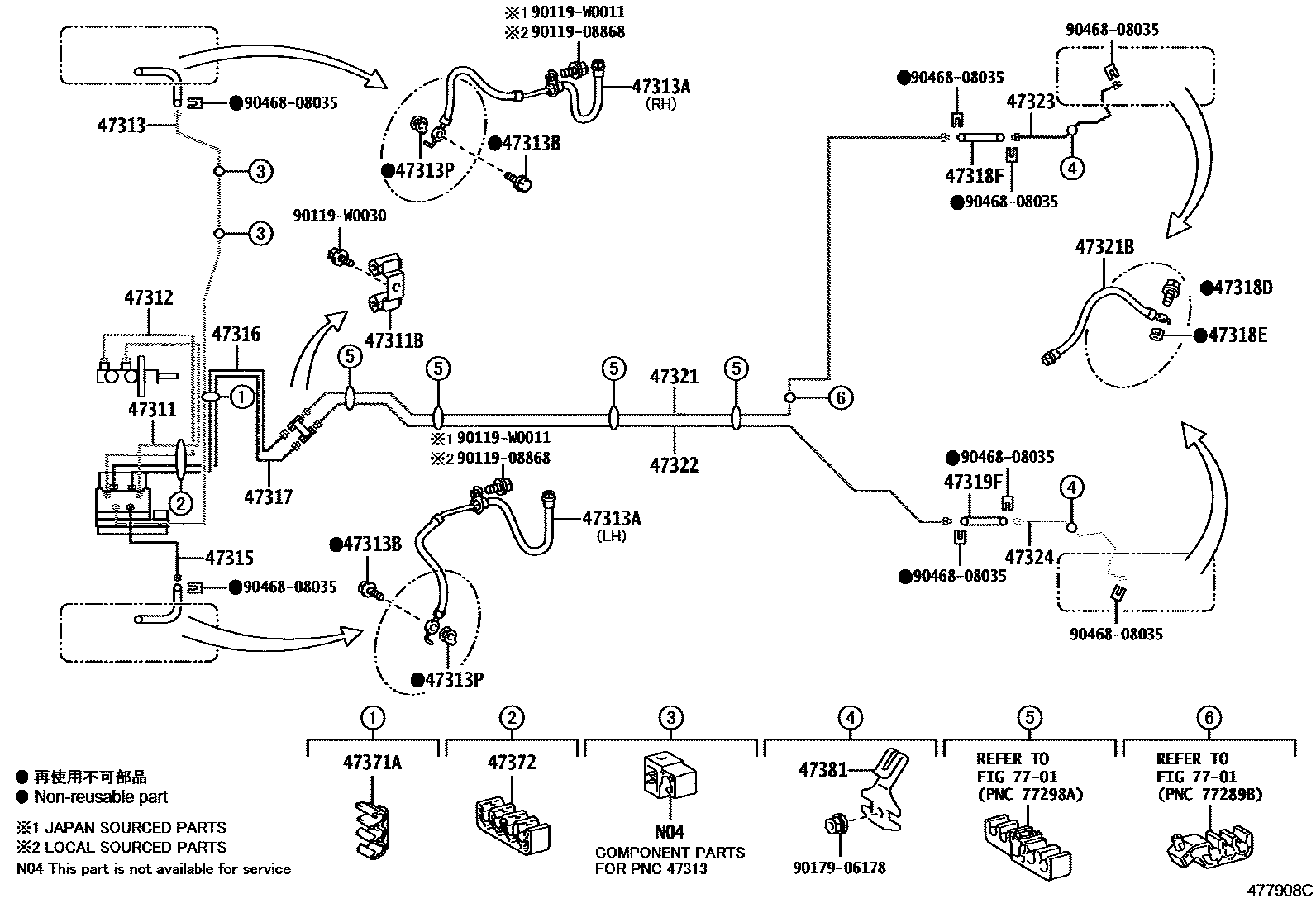 Toyota YARIS 制动配管和卡箍 EPC diagram — 477908C