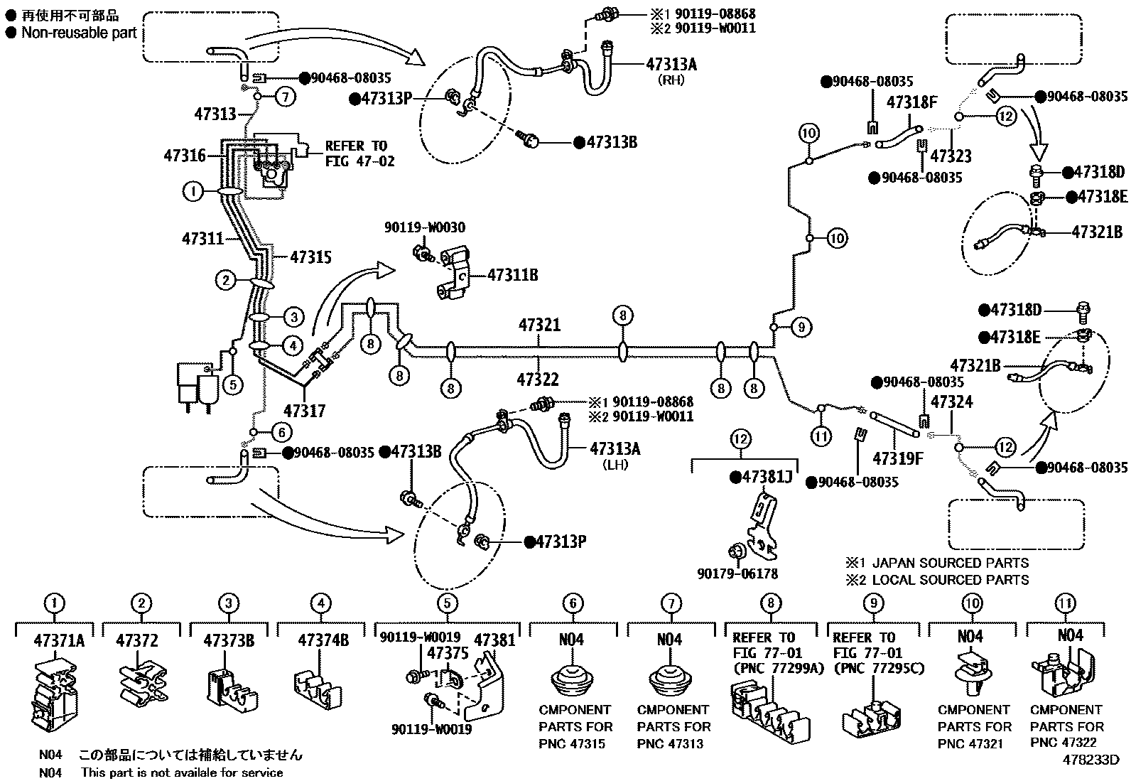 Toyota YARIS 制动配管和卡箍 EPC diagram — 478233D
