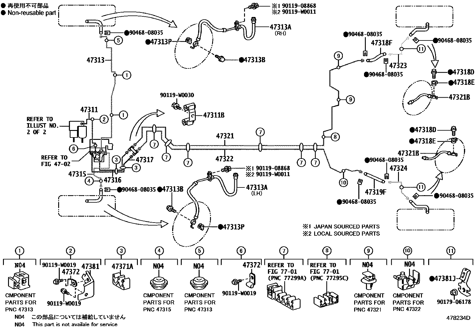 Toyota YARIS 制动配管和卡箍 EPC diagram — 478234D