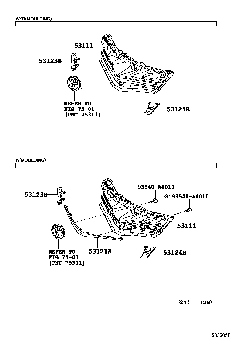 Toyota YARIS radiator grille EPC diagram — 533505F