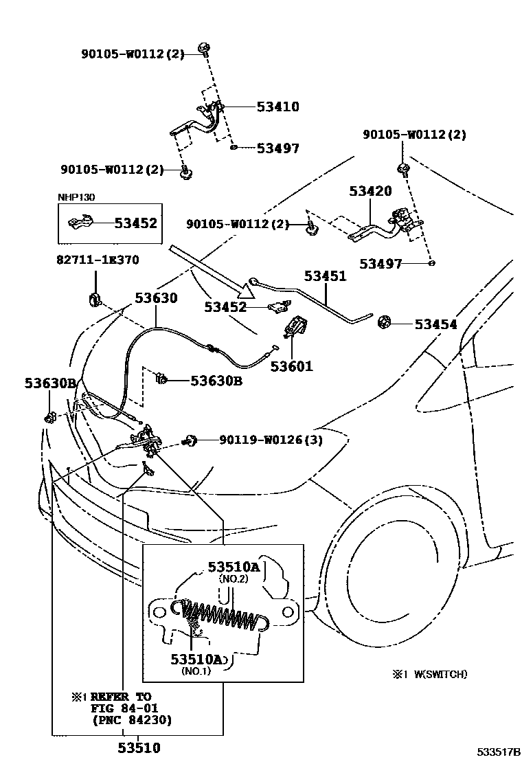 Toyota YARIS 发动机盖锁和铰链 EPC diagram — 533517B