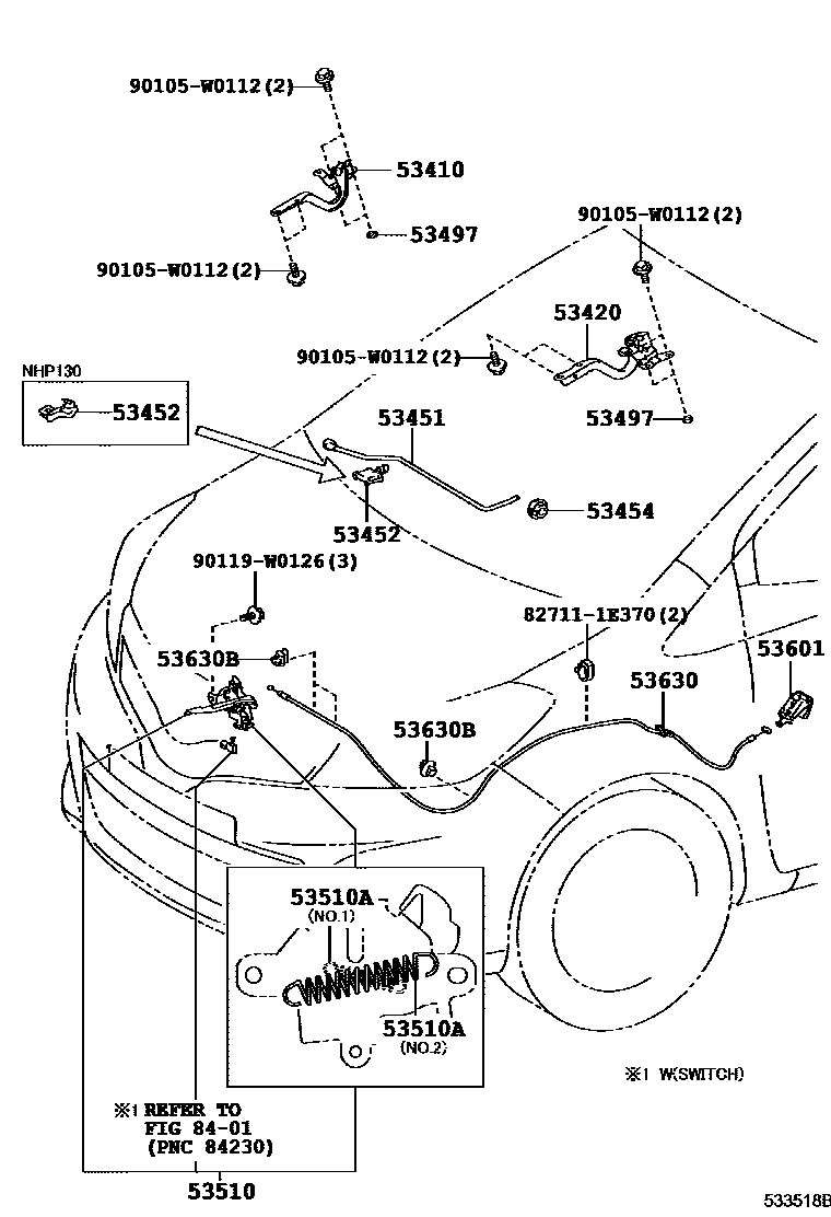 Toyota YARIS 发动机盖锁和铰链 EPC diagram — 533518B