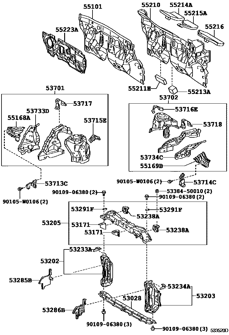 Toyota YARIS 前翼子板挡泥板和前围板 EPC diagram — 533520D