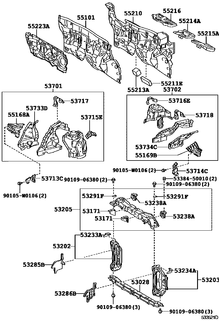 Toyota YARIS 前翼子板挡泥板和前围板 EPC diagram — 533521D