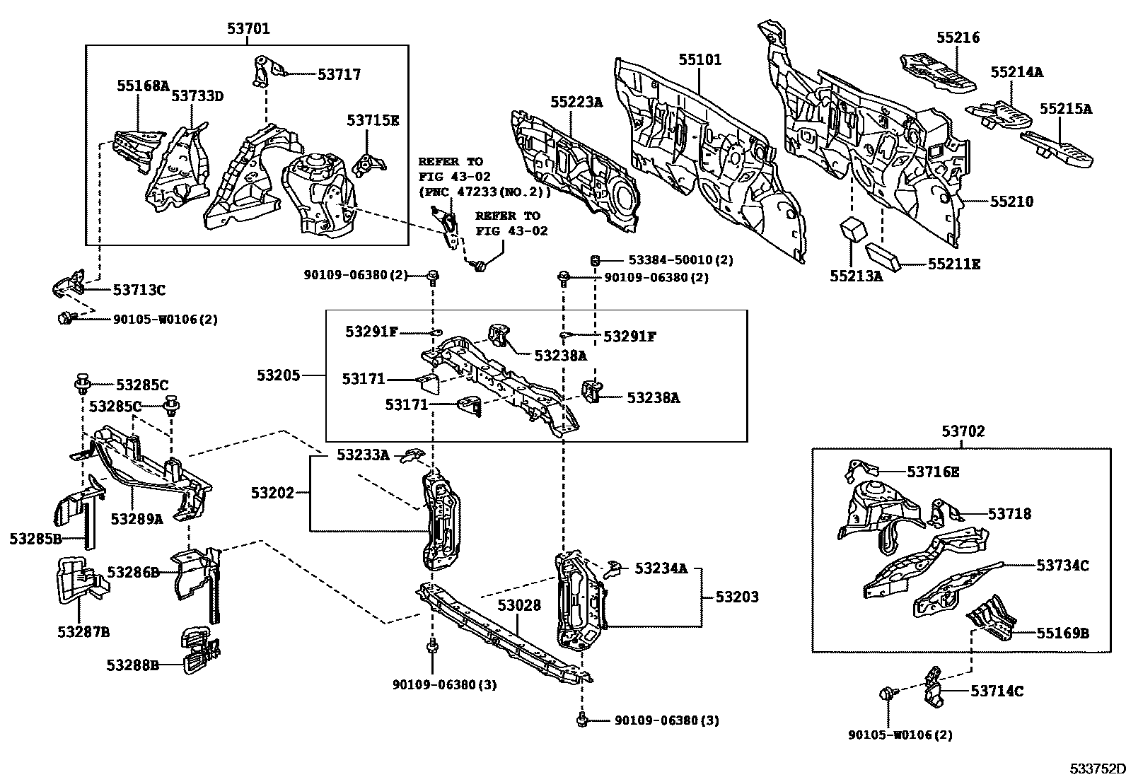 Toyota YARIS 前翼子板挡泥板和前围板 EPC diagram — 533752D