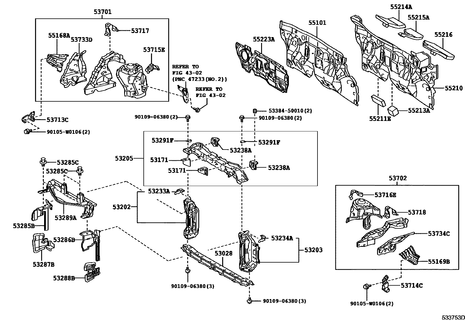 Toyota YARIS 前翼子板挡泥板和前围板 EPC diagram — 533753D