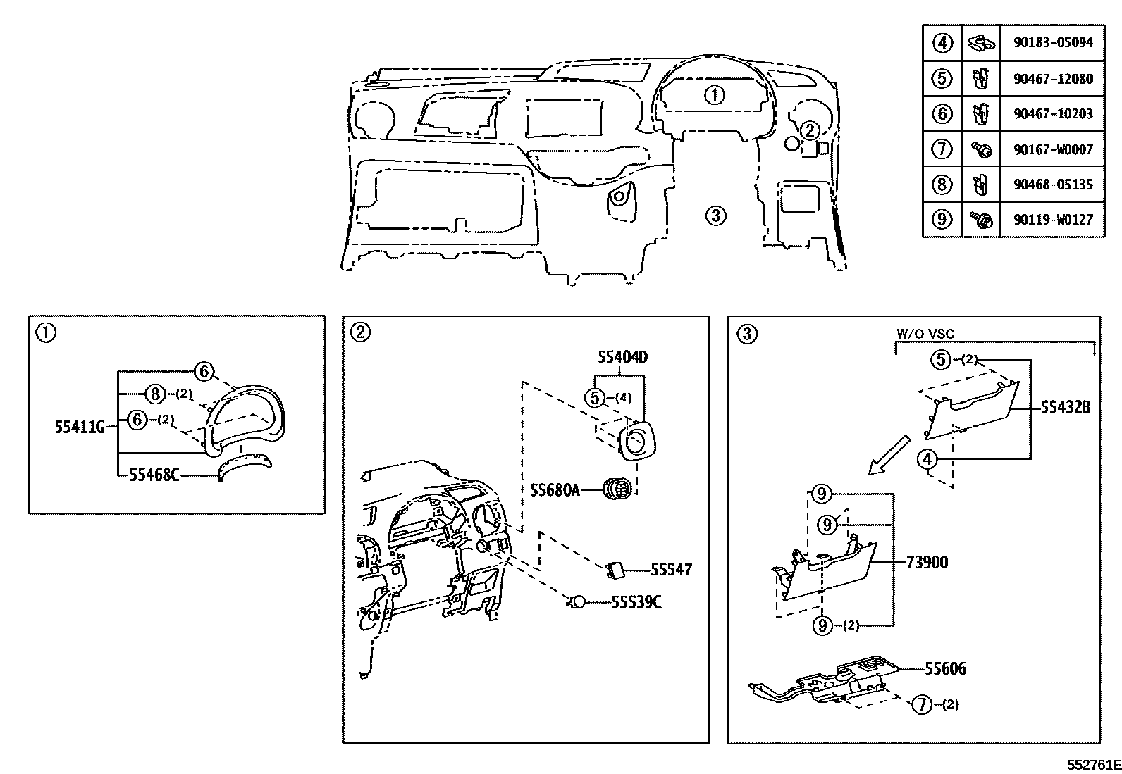 Toyota YARIS 仪表板和手套箱 EPC diagram — 552761E