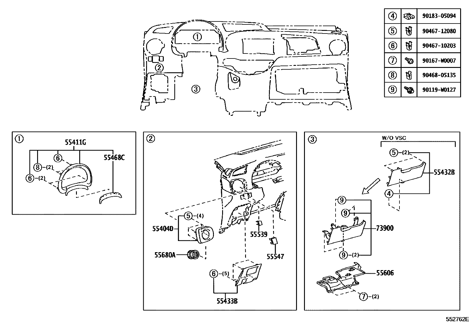 Toyota YARIS 仪表板和手套箱 EPC diagram — 552762E