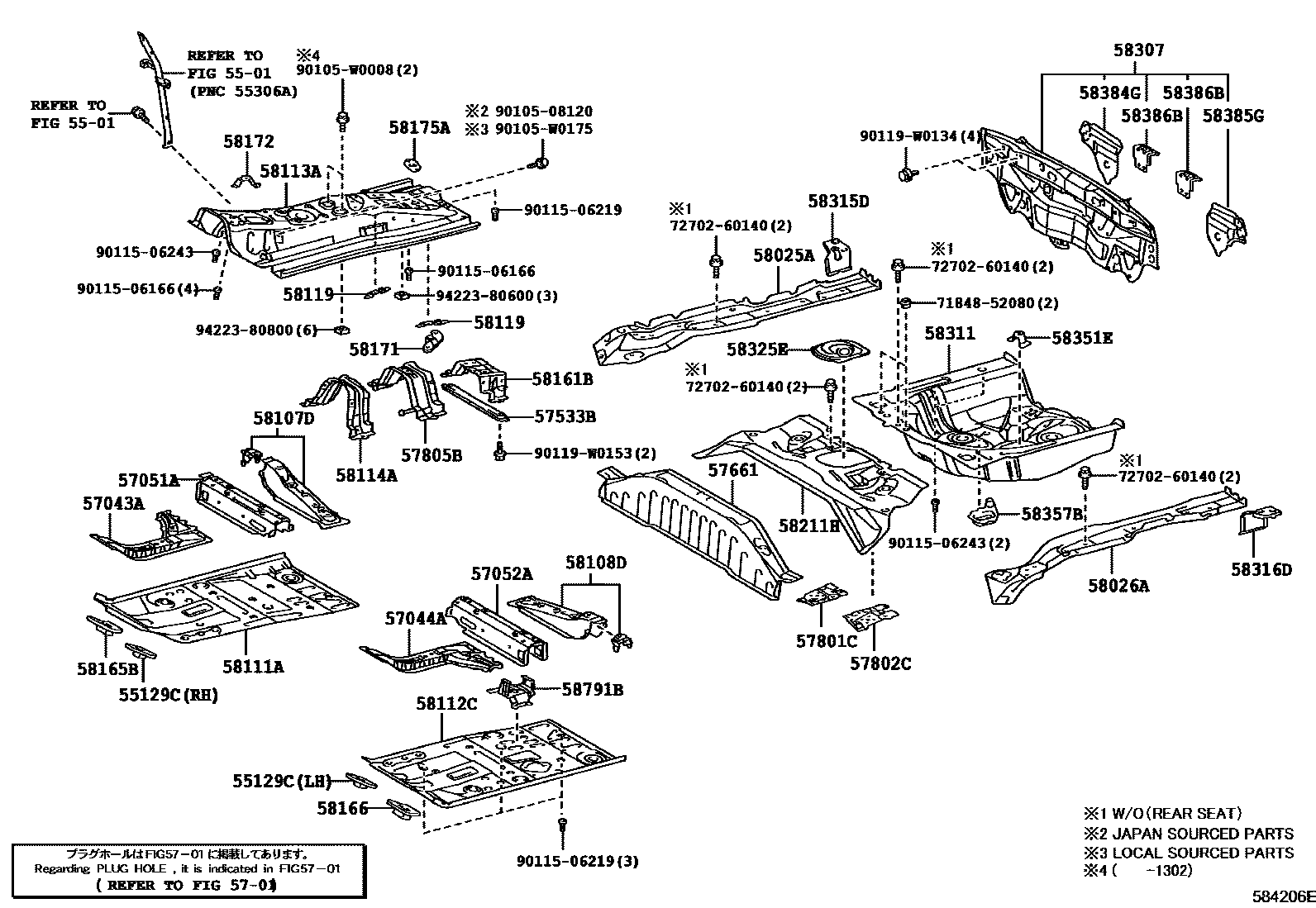 Toyota YARIS 浅盘形地板和车身下背板 EPC diagram — 584206E