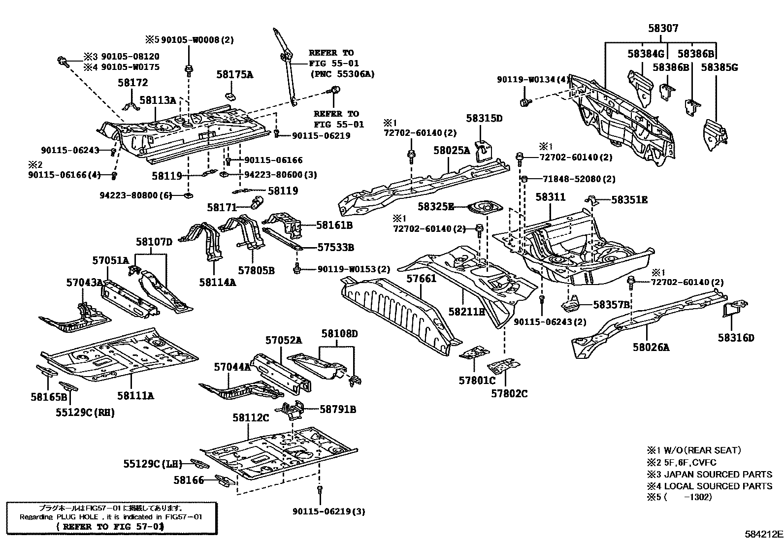 Toyota YARIS 浅盘形地板和车身下背板 EPC diagram — 584212E