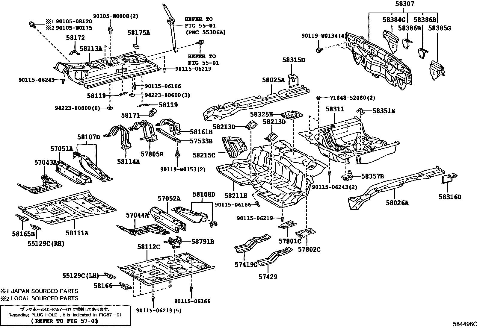 Toyota YARIS 浅盘形地板和车身下背板 EPC diagram — 584496C
