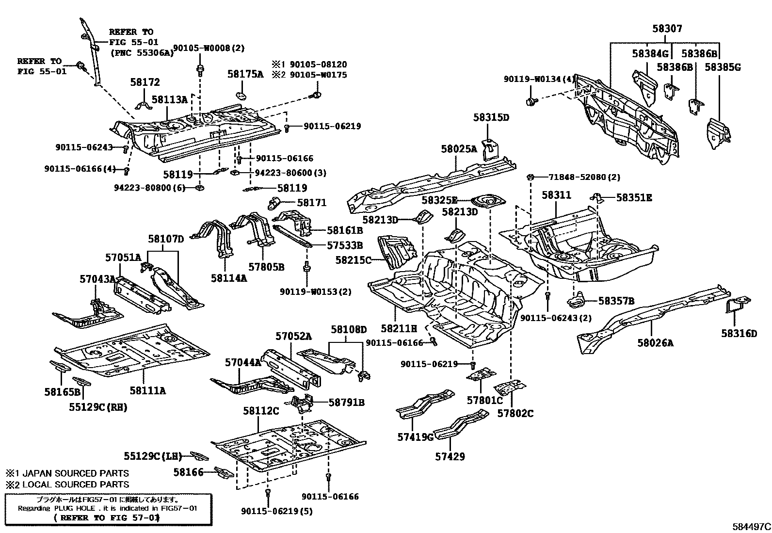 Toyota YARIS 浅盘形地板和车身下背板 EPC diagram — 584497C