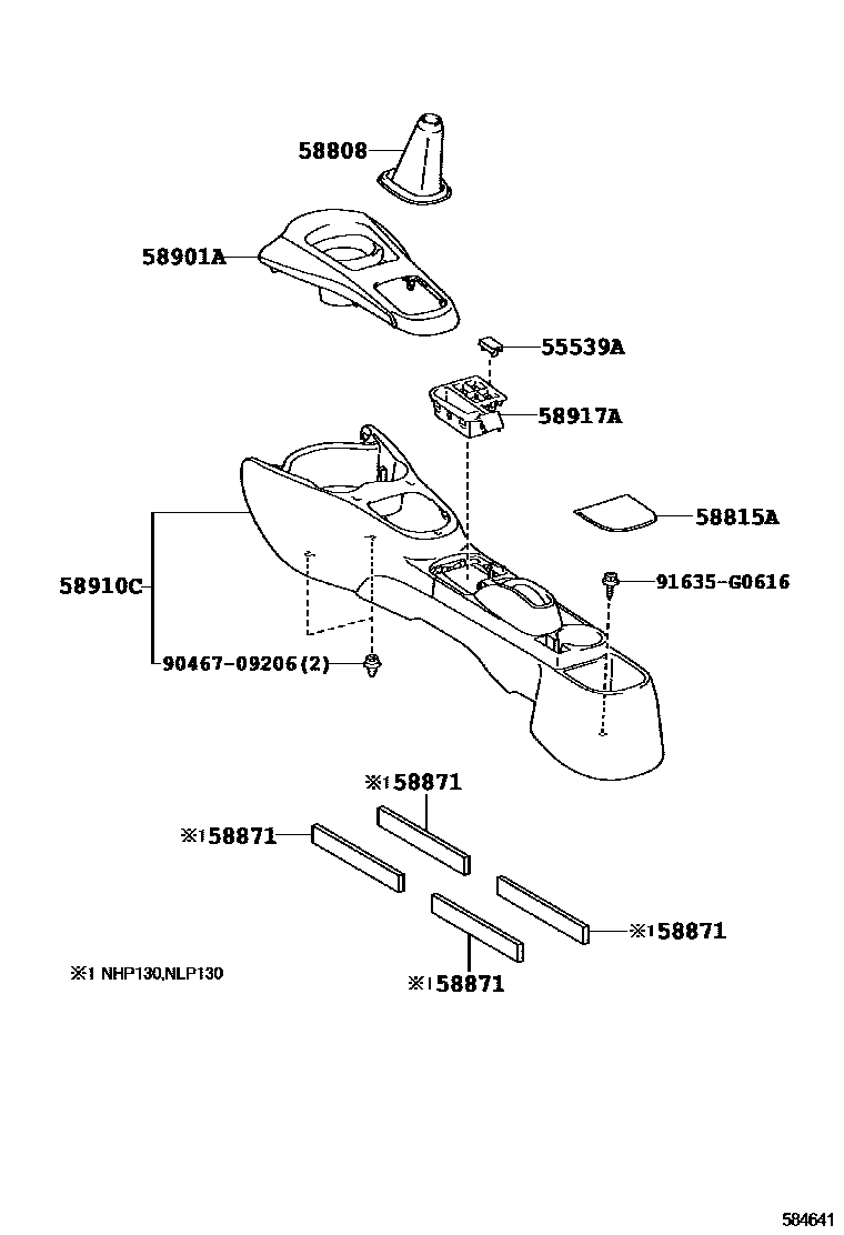 Toyota YARIS 中央扶手箱和支架 EPC diagram — 584641