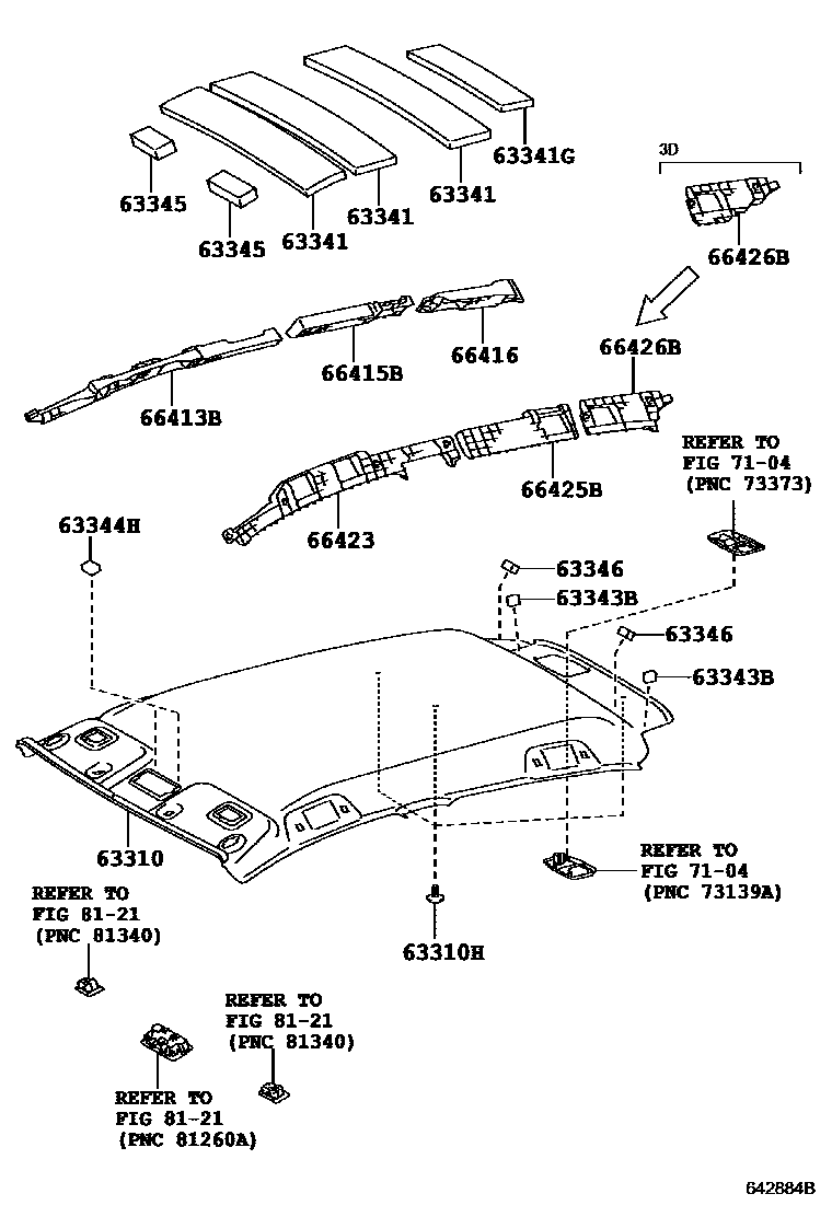 Toyota YARIS 车顶内衬和消声垫 EPC diagram — 642884B