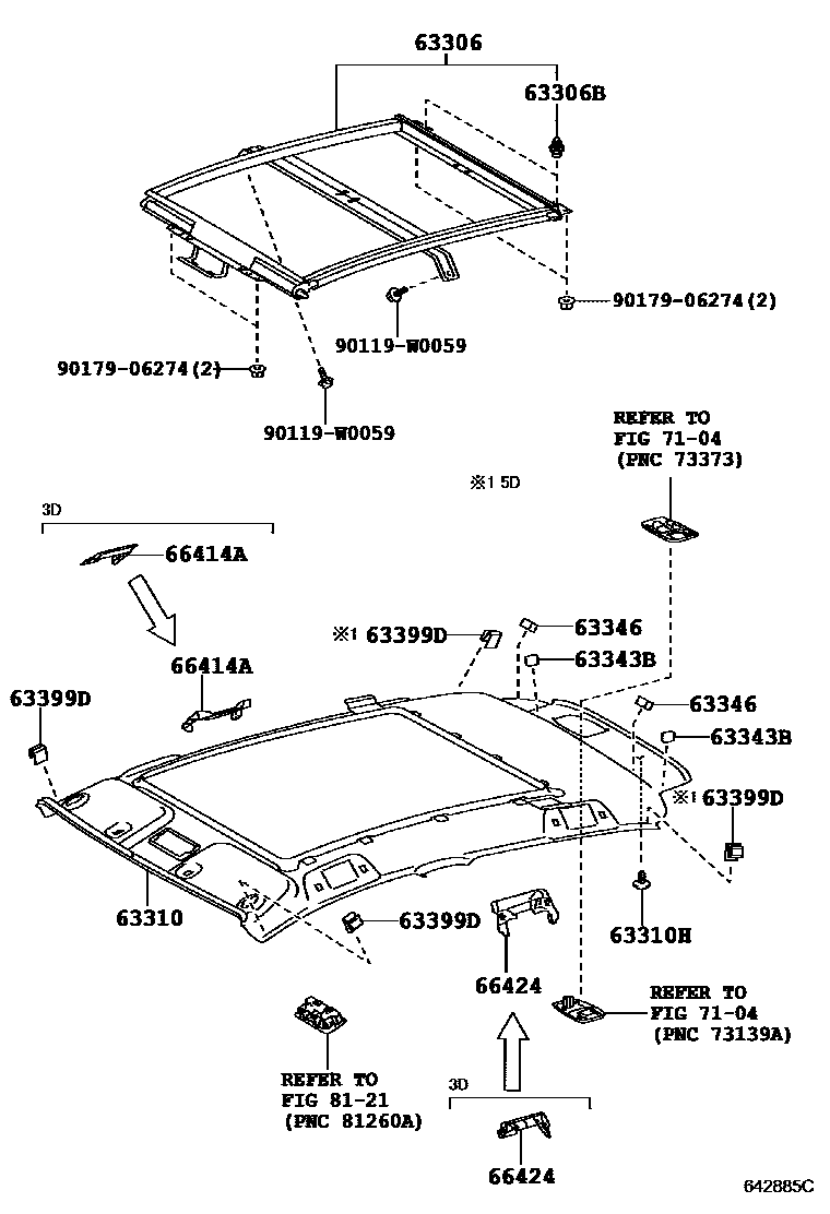 Toyota YARIS 车顶内衬和消声垫 EPC diagram — 642885C