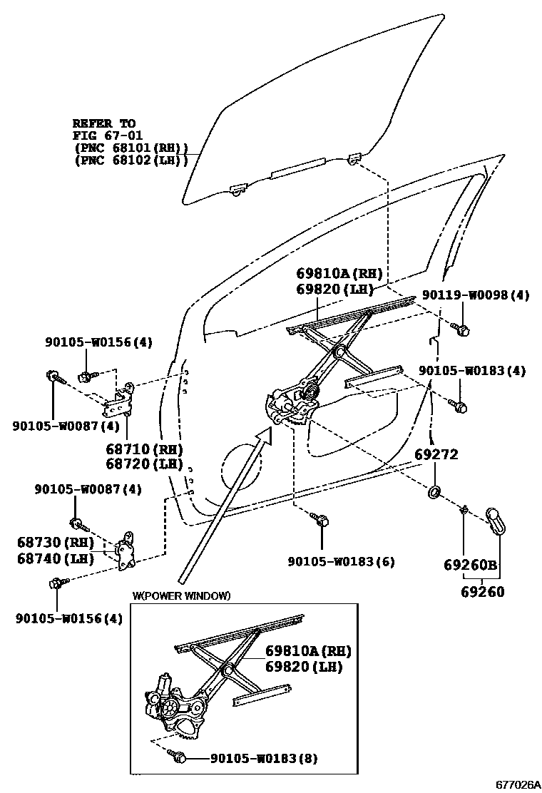 Toyota YARIS 前门车窗升降器和合页 EPC diagram — 677026A