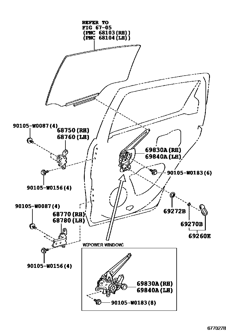 Toyota YARIS 后门车窗升降器和合页 EPC diagram — 677027B