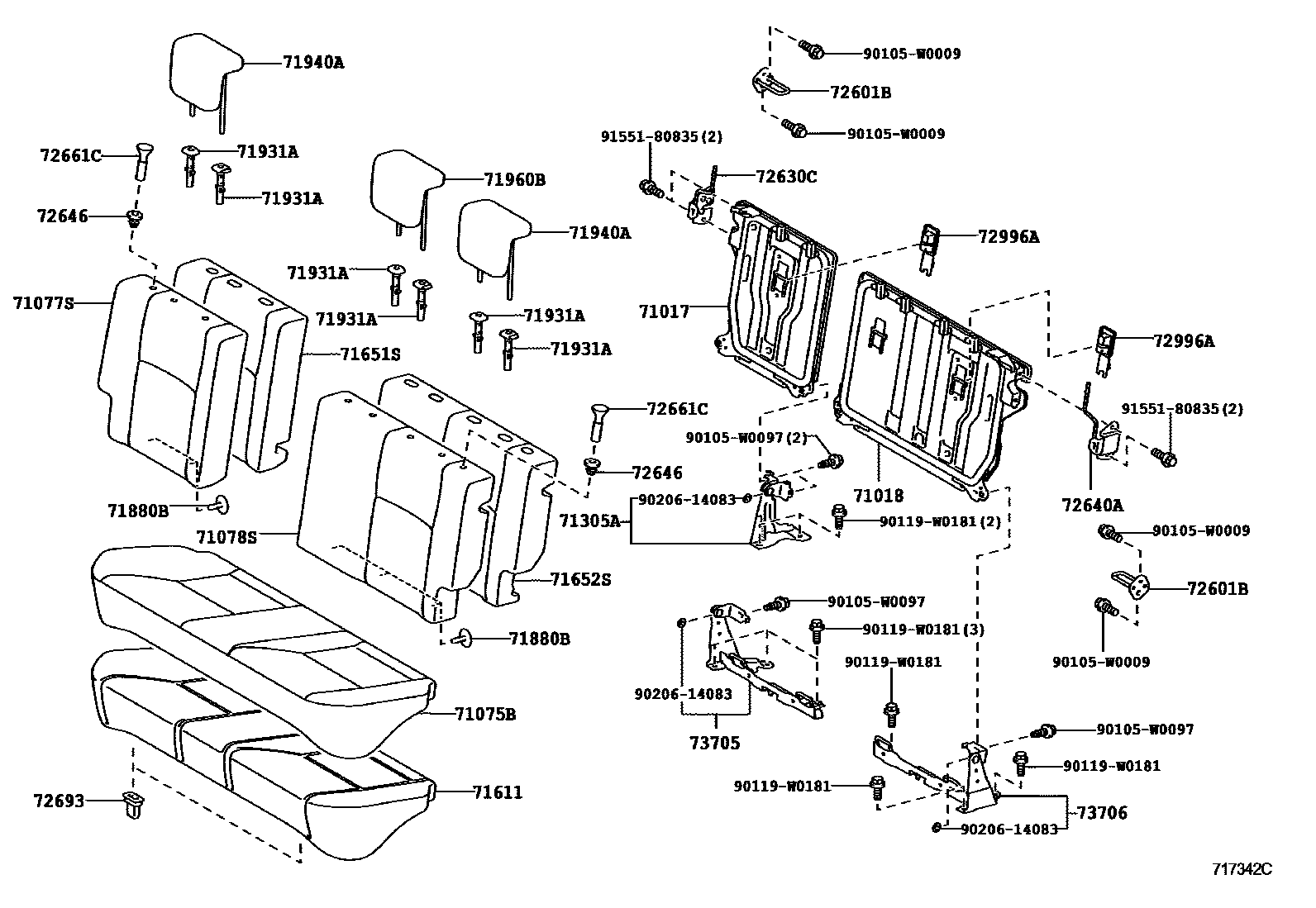 Toyota YARIS 后排座椅和座椅滑轨 EPC diagram — 717342C