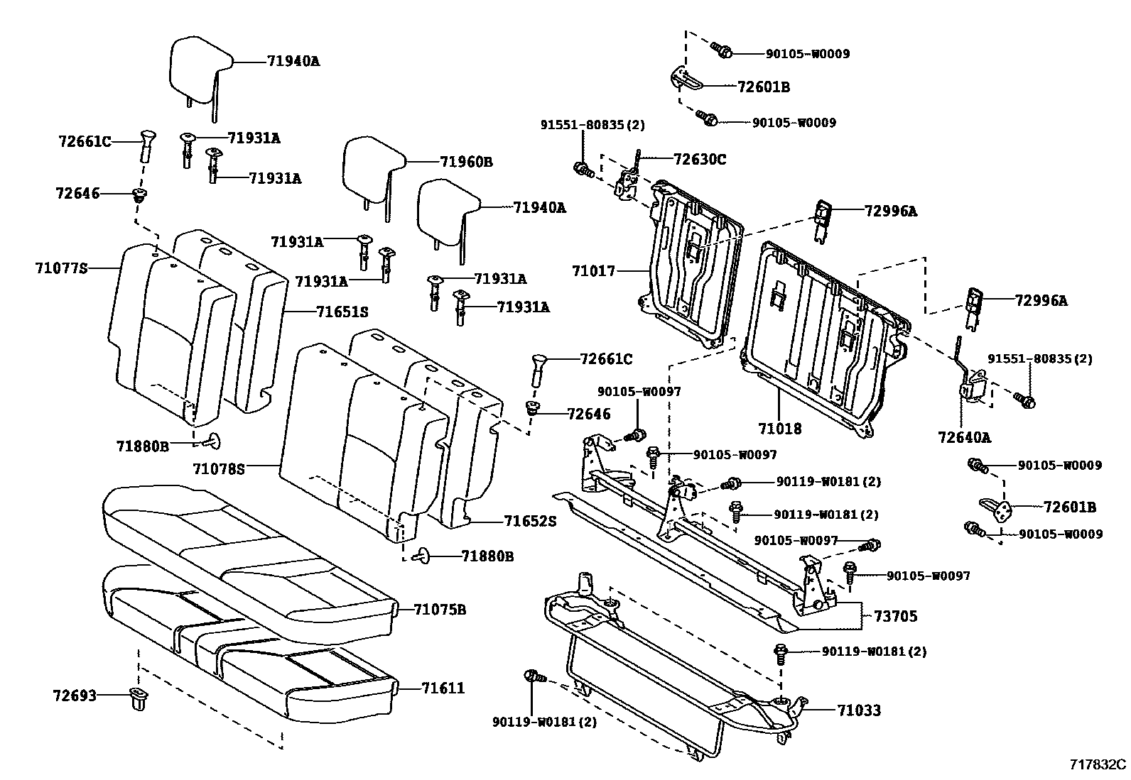 Toyota YARIS 后排座椅和座椅滑轨 EPC diagram — 717832C