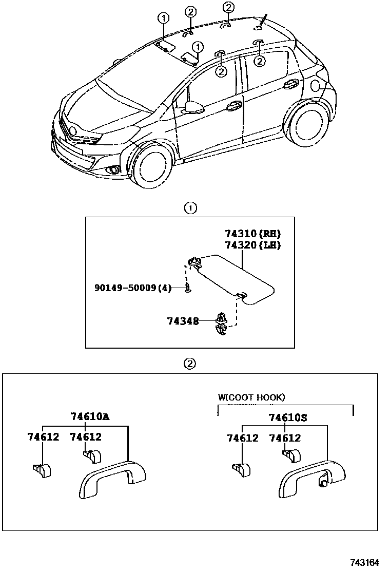 Toyota YARIS 扶手和遮阳板 EPC diagram — 743164