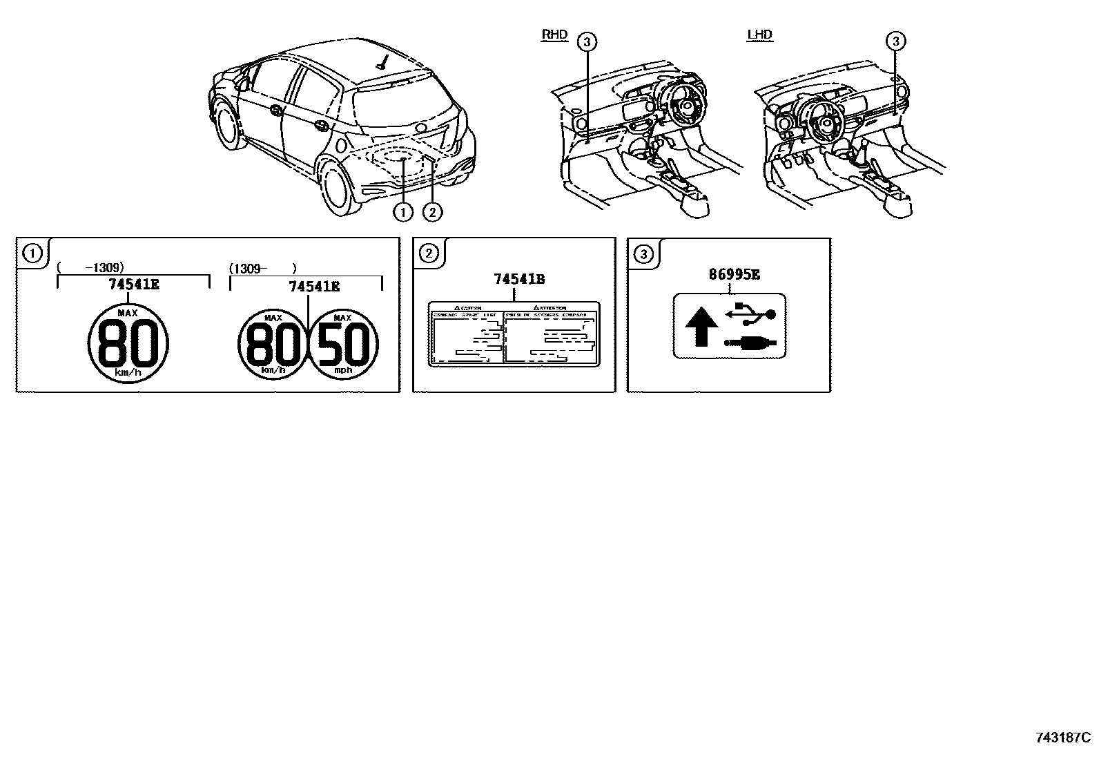 Toyota YARIS 警示铭牌(车外和车内) EPC diagram — 743187C