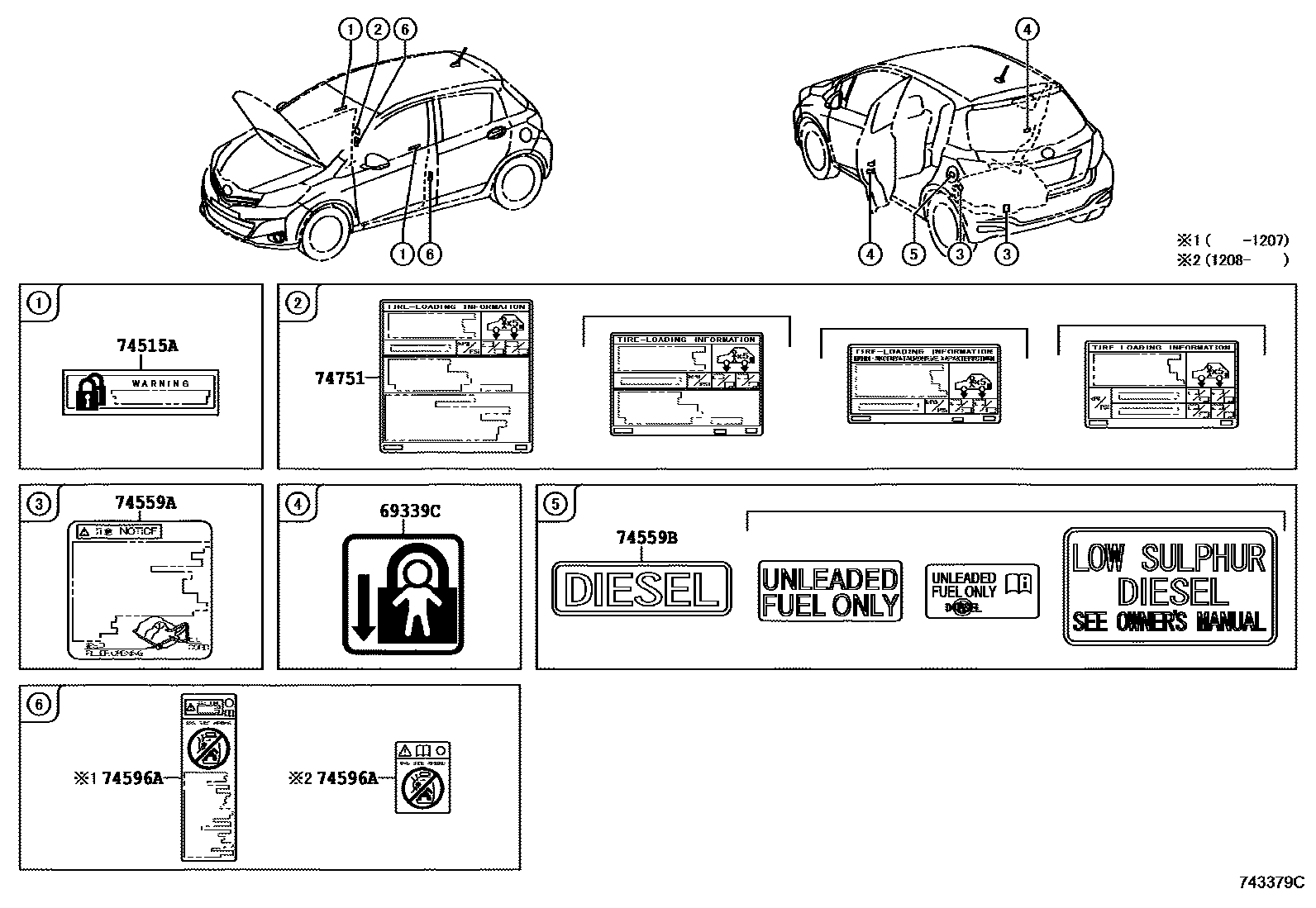 Toyota YARIS 警示铭牌(车外和车内) EPC diagram — 743379C