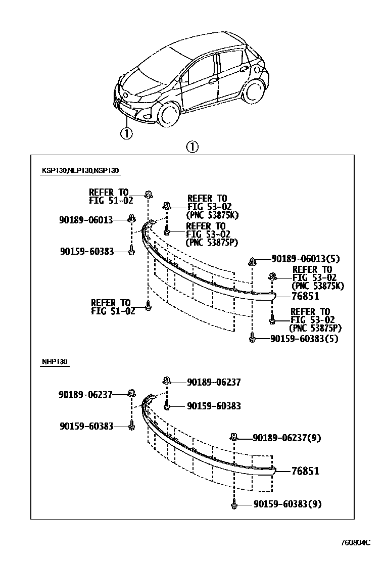 Toyota YARIS 挡泥板和扰流板 EPC diagram — 760804C