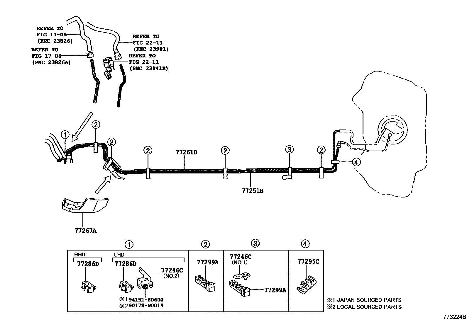 Toyota YARIS 燃油箱和燃油管 EPC diagram — 773224B