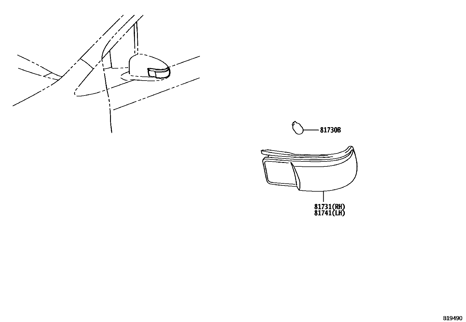 Toyota YARIS Side Turn Signal & Outer Mirror Lamp EPC diagram — 819490