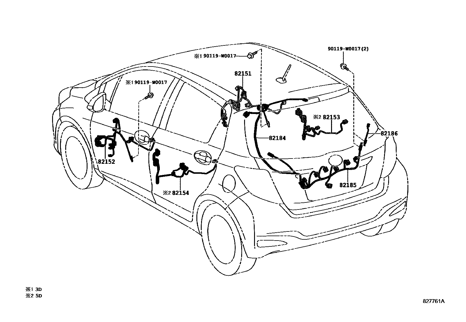 Toyota YARIS 线束和卡夹 EPC diagram — 827761A