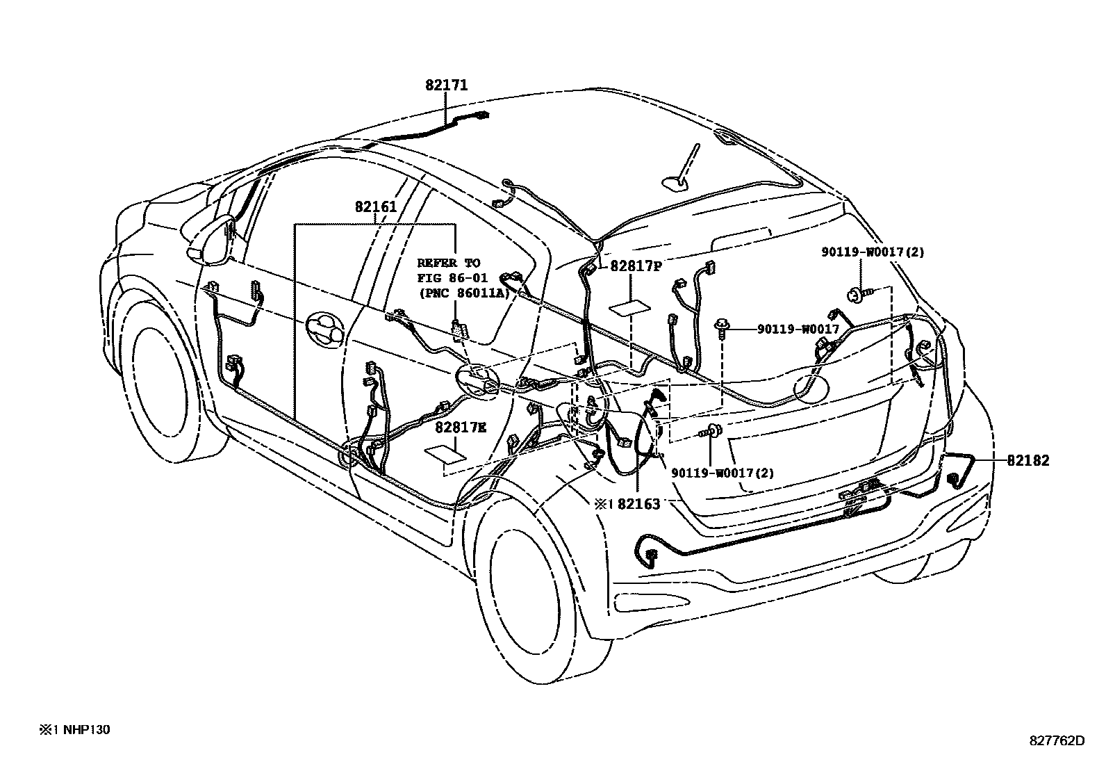 Toyota YARIS 线束和卡夹 EPC diagram — 827762D