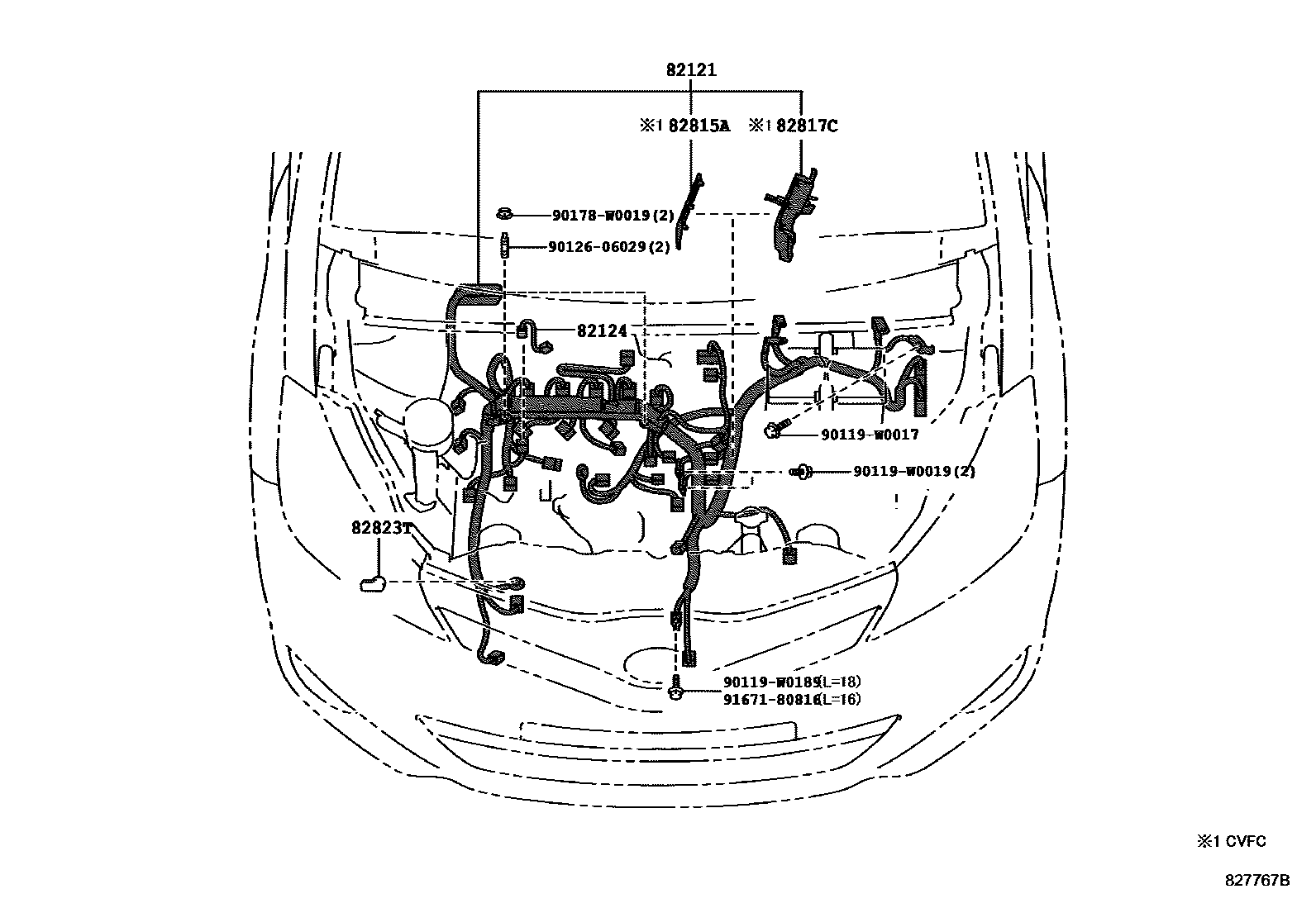 Toyota YARIS 线束和卡夹 EPC diagram — 827767B