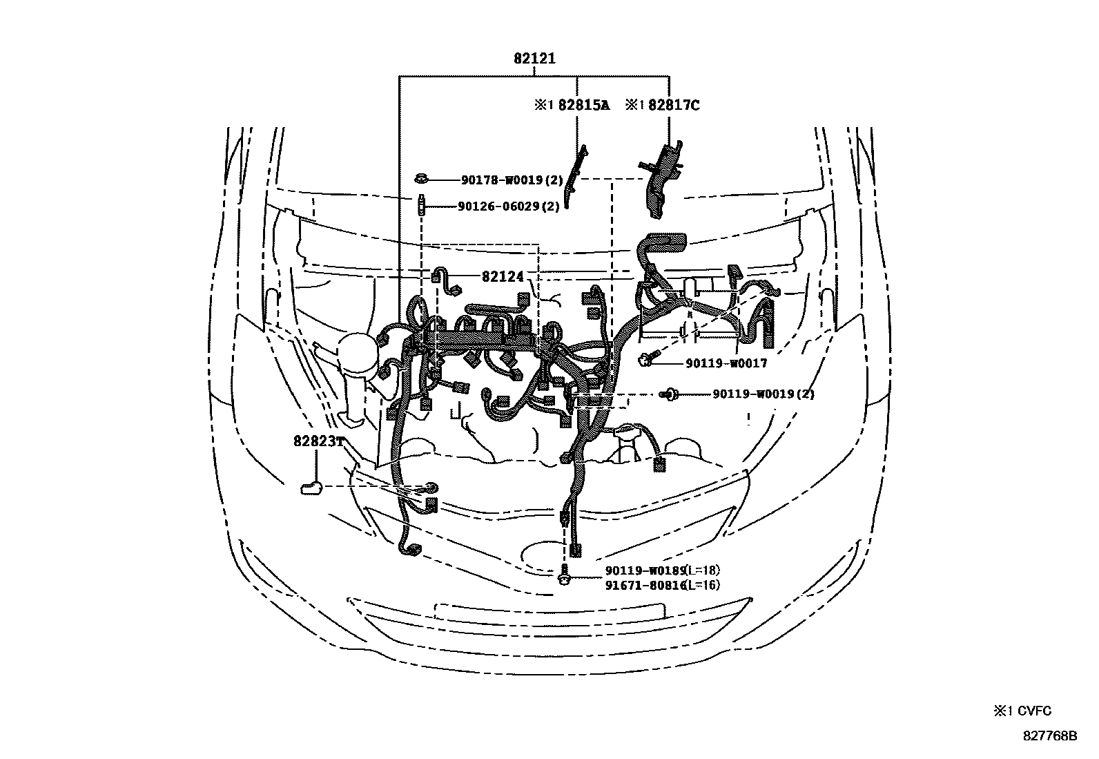 Toyota YARIS 线束和卡夹 EPC diagram — 827768B