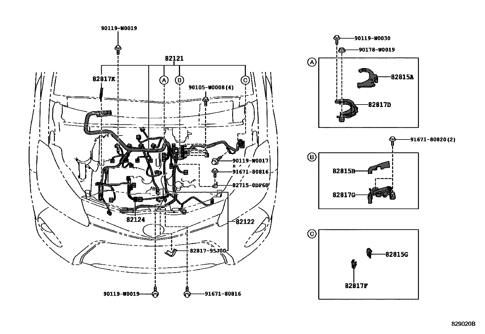 Toyota YARIS 线束和卡夹 EPC diagram — 829020B